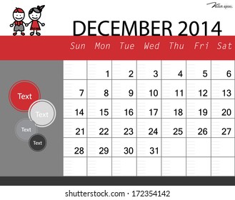 Simple 2014 calendar, December. Vector illustration.