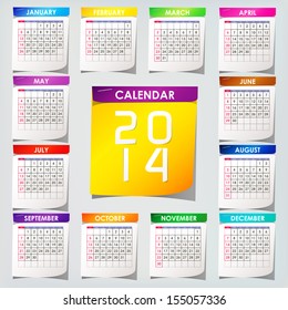 Simple 2014 Calendar / 2014 calendar design with colorfui paper  / 2014 calendar vertical / 2014 Monthly Calendar - week starts with sunday 