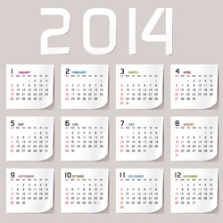 Simple 2014 Calendar / 2014 Calendar Design / 2014 Calendar Vertical  - Week Starts With Sunday 
