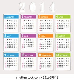 Simple 2014 Calendar / 2014 calendar design / 2014 calendar vertical  /2014 Monthly Calendar - week starts with sunday  