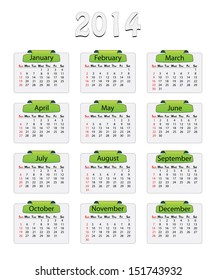 Simple 2014 calendar with green label. Isolated easy to edit vector design. Months are grouped separately.