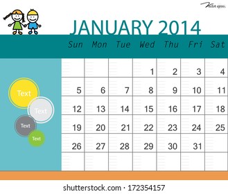 Simple 2014 calendar, January. Vector illustration.