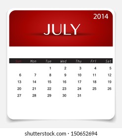 Simple 2014 calendar, July. Vector illustration.