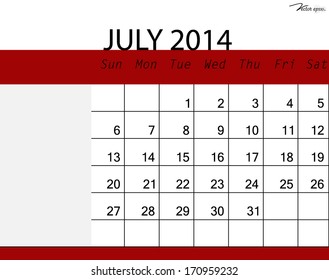 Simple 2014 calendar, July. Vector illustration.