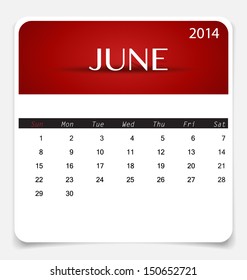 Simple 2014 calendar, June. Vector illustration.