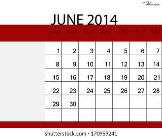 Simple 2014 calendar, June. Vector illustration.