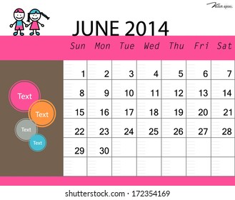 Simple 2014 calendar, June. Vector illustration.
