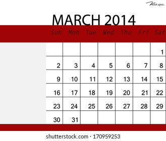 Simple 2014 calendar, March. Vector illustration.