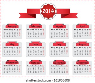 Simple 2014 calendar with red label and ribbon. Easy to edit calendar vector. Months are grouped separately.