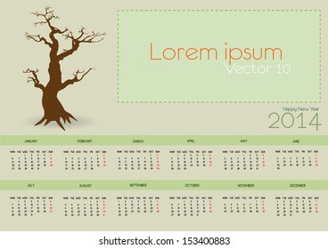 simple 2014 vector calendar with big tree dry