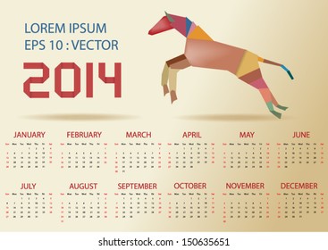 simple 2014 vector calendar with colorful horse running ,vector eps10