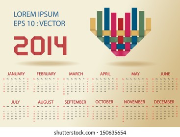 simple 2014 vector calendar with colorful ribbon heart ,vector eps10