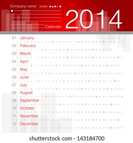 Simple 2014 year vector calendar white and red theme