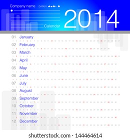 Simple 2014 year vector calendar white and blue theme