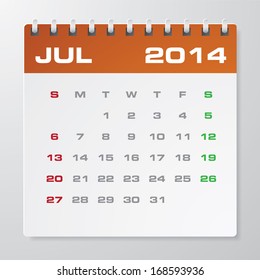 Simple 2014 year vector calendar : July 2014