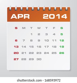 Simple 2014 year vector calendar : April 2014