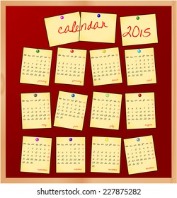 Simple 2015 calendar design. Every month is hand written on yellow various angle sticky note on office cork board, isolated on red background - week starts with monday. vector art image illustration