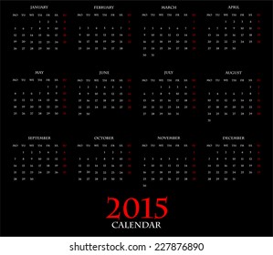 Simple 2015 calendar design. every day and number is white with red color sunday on each month. week starts with monday. vector art image illustration, isolated on black background, easy editable