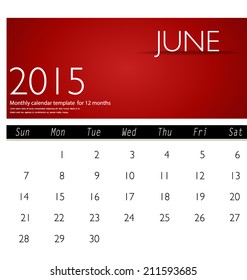 Simple 2015 calendar, June. Vector illustration.