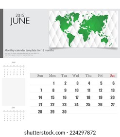 Calendario simple de 2015, junio. Ilustración vectorial.