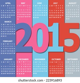 Simple 2015 Calendar. Months, made in the paper style  with shadows, vector.