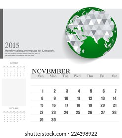 Simple 2015 calendar, November. Vector illustration.