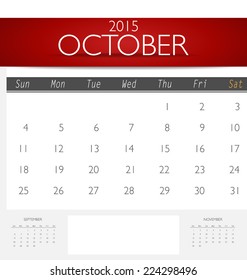 Calendario simple de 2015, octubre. Ilustración vectorial.