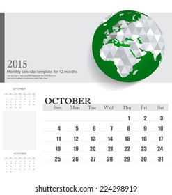 Simple 2015 calendar, October. Vector illustration.