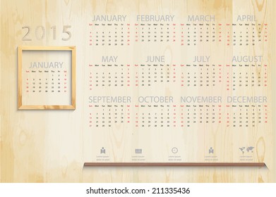 Simple 2015 calendar on Picture wood frame background and business icon, eps vector illustration