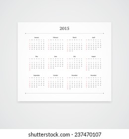 Simple 2015 calendar vector template isolated on white background. Landscape orientation.