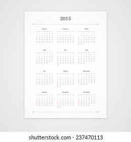 Simple 2015 calendar vector template isolated on white background. Portrait orientation.