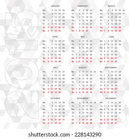 Simple 2015 calendar vector - week starts monday horizontal