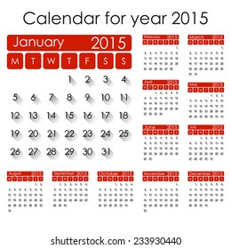 Simple 2015 Calendar - week starts with Monday, isolated on white background, vector illustration.