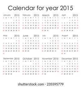 Simple 2015 Calendar - week starts with Sunday, isolated on white background, vector illustration.