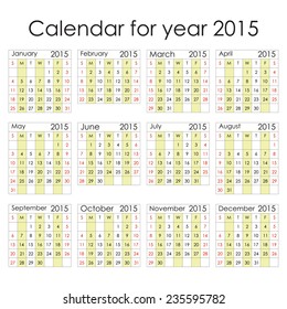 Simple 2015 Calendar - week starts with Sunday, isolated on white background, vector illustration.