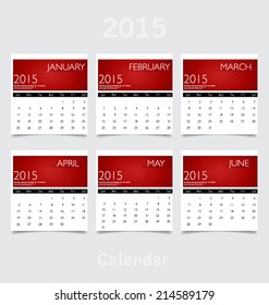 Simple 2015 year calendar (January, February, March, April, May, June). Vector illustration.