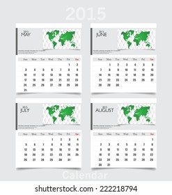 Calendario simple de 2015 años (mayo, junio, julio, agosto). Ilustración vectorial.
