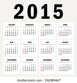 Simple 2015 year vector calendar / 2015 calendar design / 2015 calendar vertical - week starts with sunday 