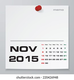 Simple 2015 year vector calendar with free space for your sample text : November 2015