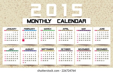 Simple 2015 year vector calendar / 2015 calendar design / 2015 calendar vertical - week starts with Sunday 