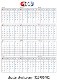 Simple 2016 Calendar  design  horizontal - week starts with sunday.eps 10