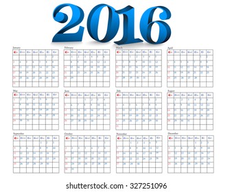 Simple 2016 Calendar  design  horizontal - week starts with sunday.eps 10