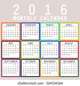 Simple 2016 Calendar / 2016 calendar design / 2016 calendar vertical - week starts with Sunday 