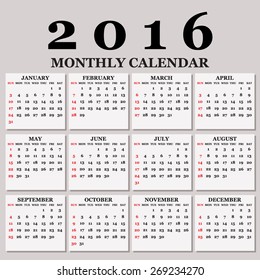 Simple 2016 Calendar / 2016 calendar design / 2016 calendar vertical - week starts with Sunday 