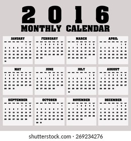 Simple 2016 Calendar / 2016 calendar design / 2016 calendar vertical - week starts with Sunday 