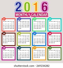 Simple 2016 Calendar / 2016 calendar design / 2016 calendar vertical - week starts with Sunday 