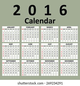 Simple 2016 Calendar / 2016 calendar design / 2016 calendar vertical - week starts with Sunday 