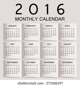 Simple 2016 Calendar / 2016 calendar design / 2016 calendar vertical - week starts with Sunday
