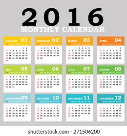 Simple 2016 Calendar / 2016 calendar design / 2016 calendar vertical - week starts with Sunday
