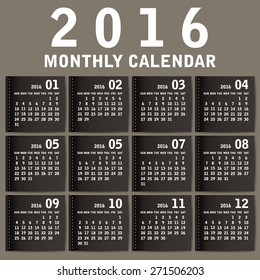 Simple 2016 Calendar / 2016 calendar design / 2016 calendar vertical - week starts with Sunday

